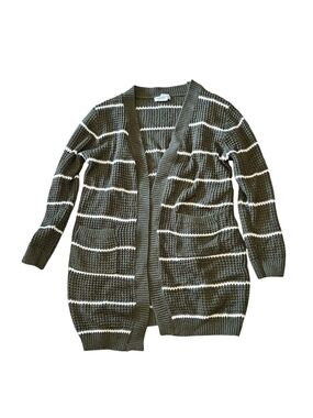 Olive White Stripe Open-Front Knit Cardigan - Women Size Medium